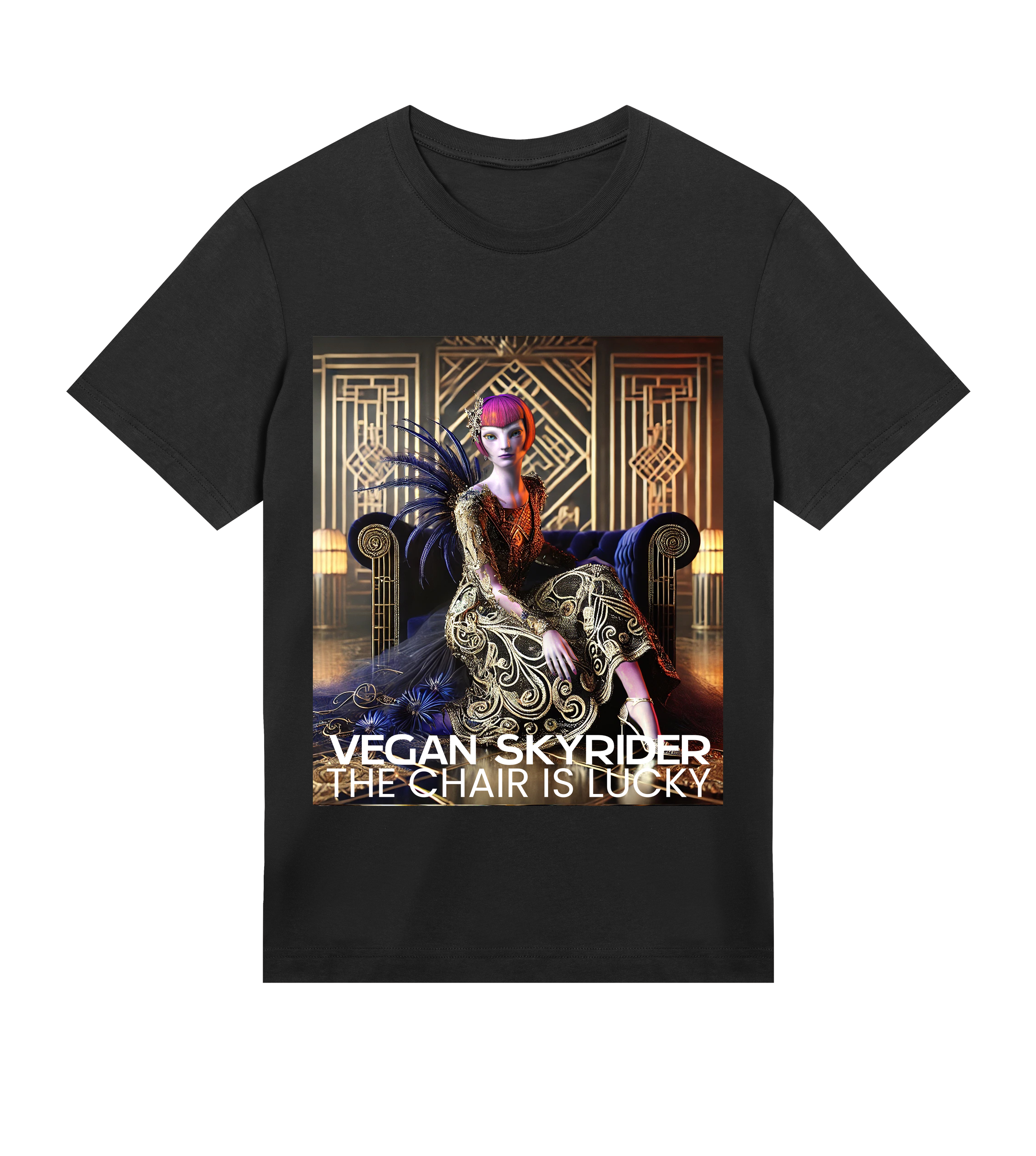 vegan-black-men`s-t-shirt-shenfx-art-art-deco-decode-the-chair-is-lucky-vegan-skyrider