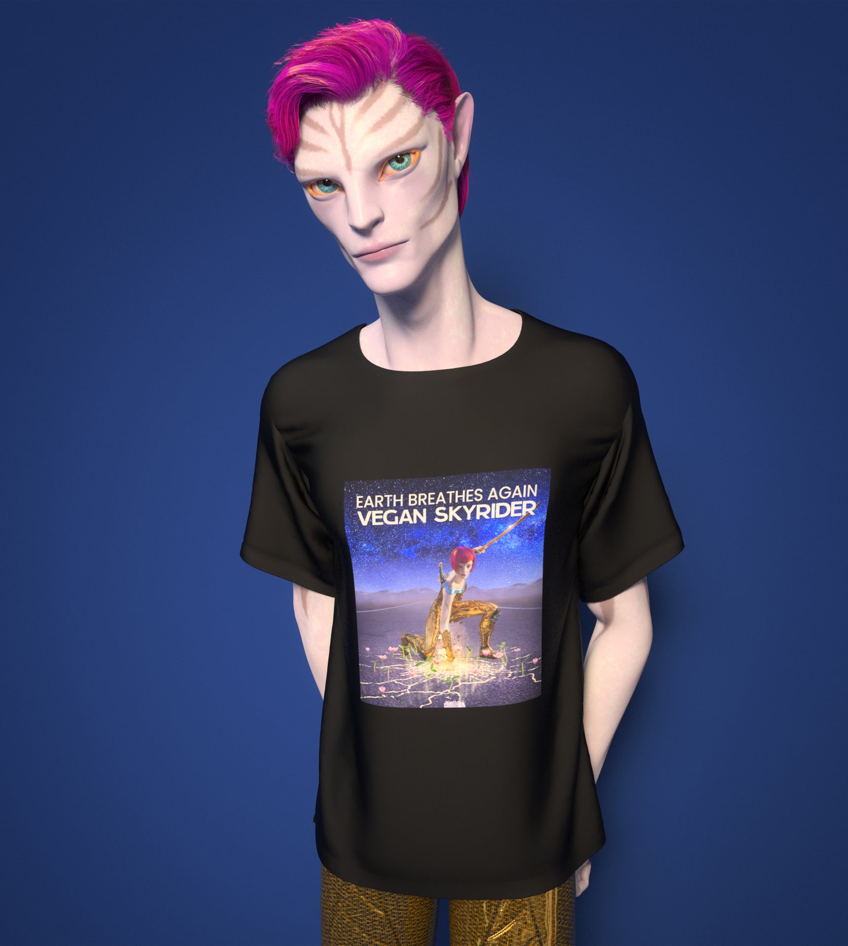 Model wearing Vegan Skyrider Means Collection t-shirt — sustainable vegan fashion with cosmic art design