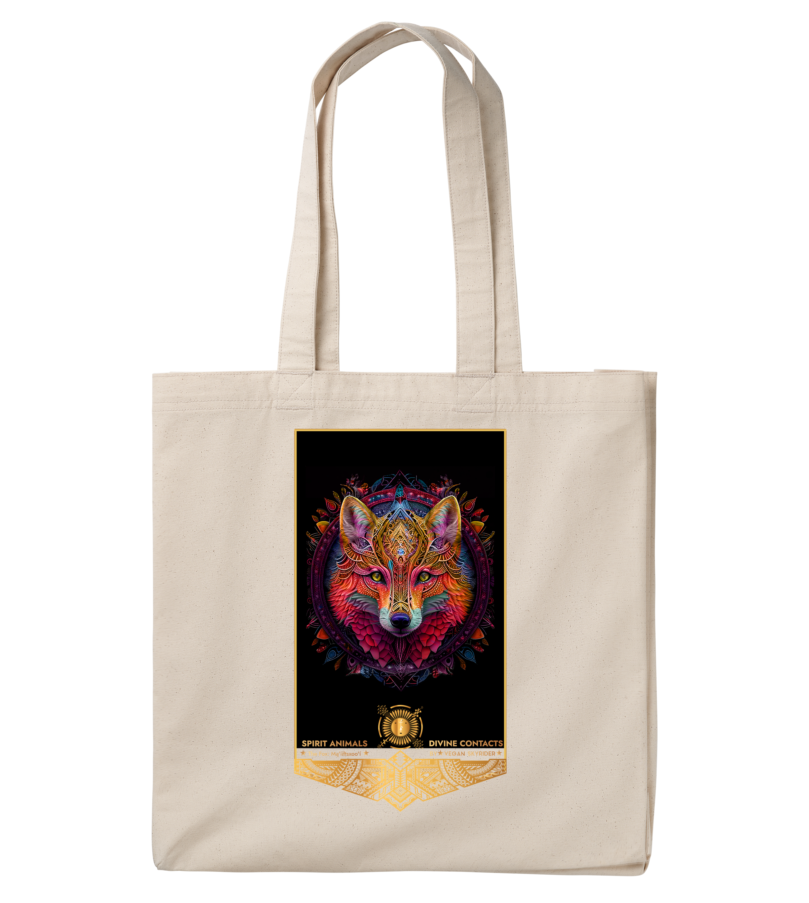 colorful-spirit-animal-totem-fox-motive-navajo-cotton-canvas-tote-bag-carry-all-vegan-skyrider-design