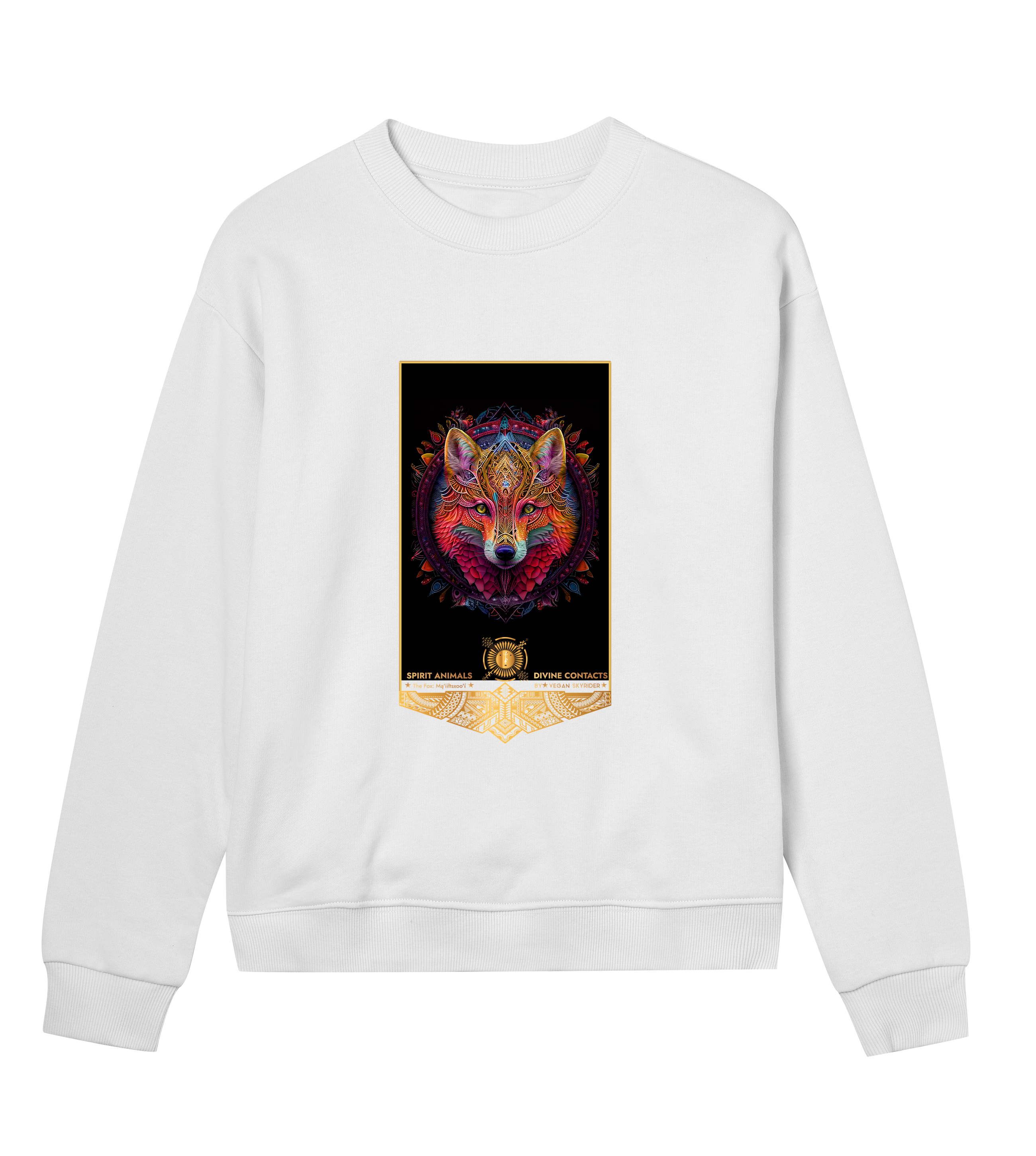 white-womens-organic-sustainbale-sweatshirt-coloful-spirit-animal-fox-totem-motive-veganskyrider