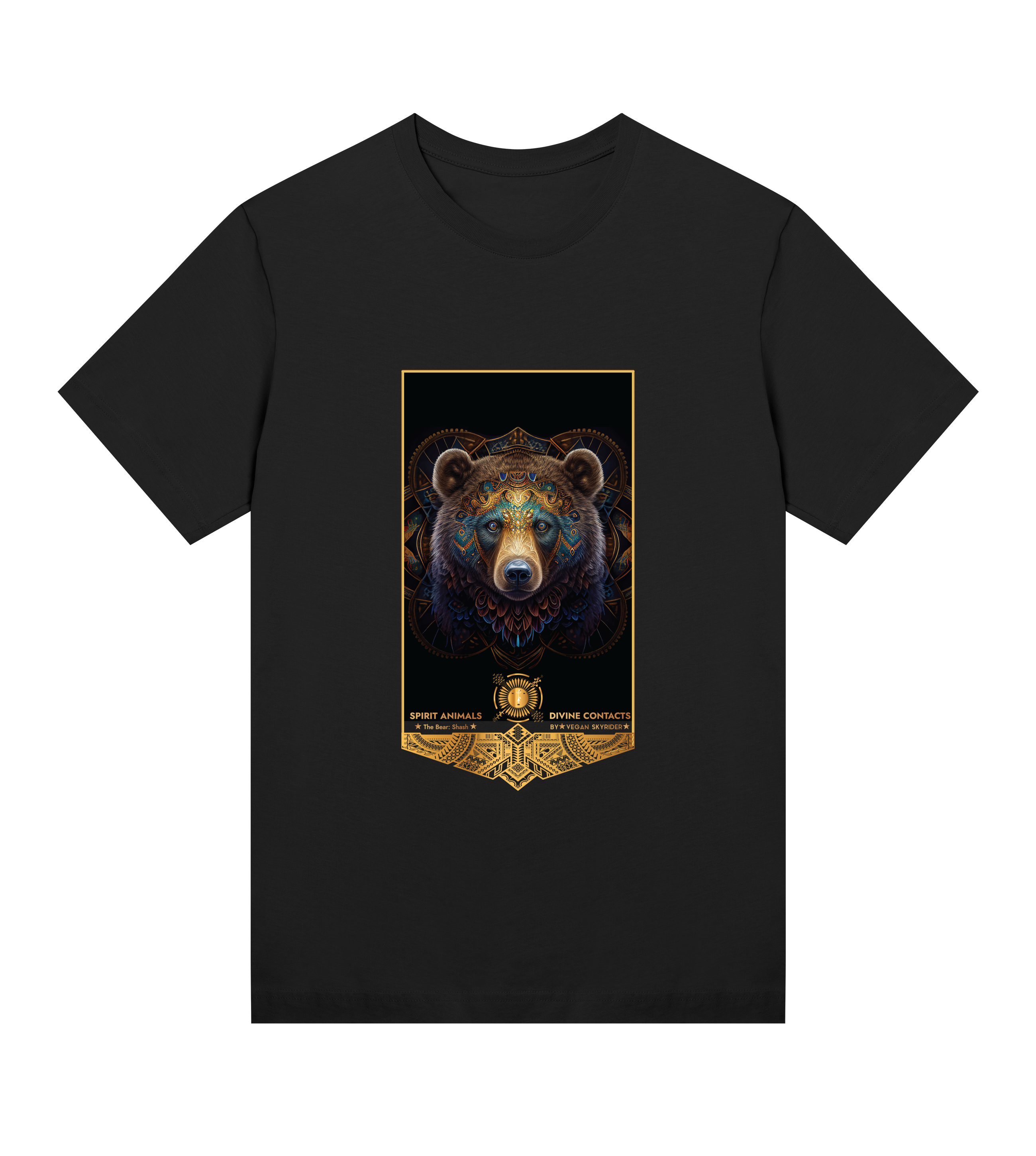 black-womens-tshirt-colorful-golden-bear-motive-totem-animal-design-vegan-skyrider